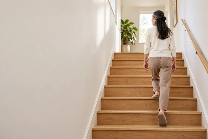 A woman walking confidently up outdoor steps