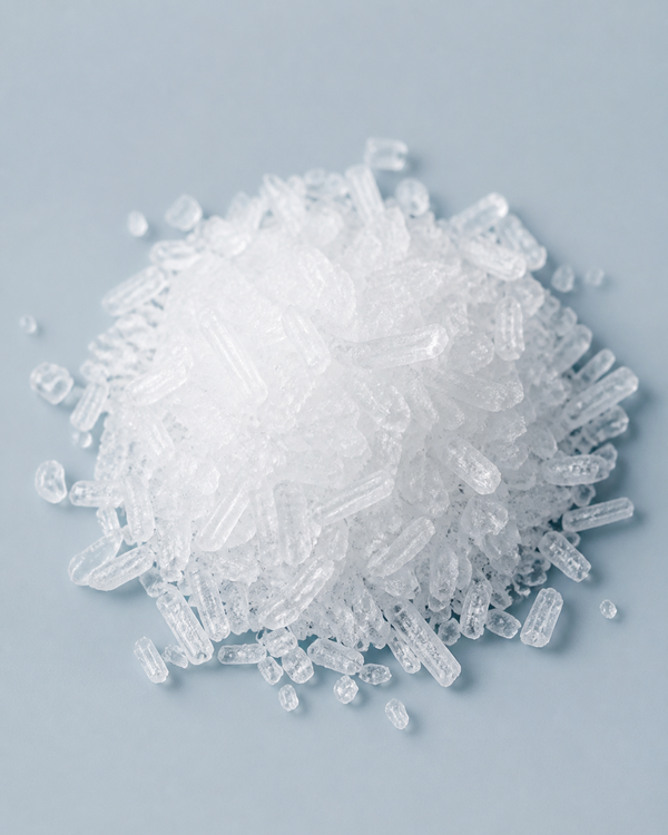 A clean cluster of translucent L-leucine crystals