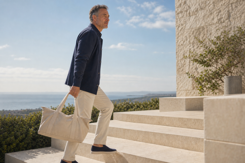 A mature man climbing a flight of outdoor steps