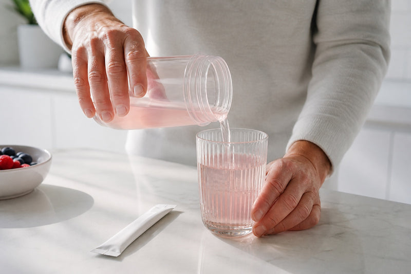 A clear berry drink being poured into a glass