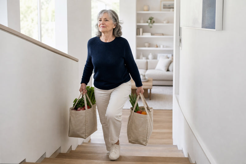 A woman carrying groceries upstairs with ease