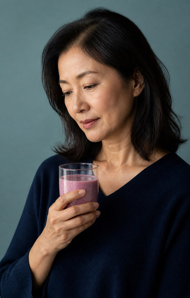 A woman holding a glass of a light mixed berry drink