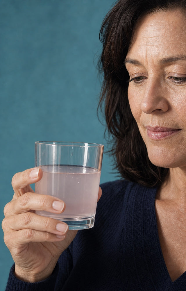 A woman holding a glass of a light mixed berry drink