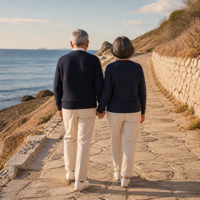 A mature couple walking together beside the coast