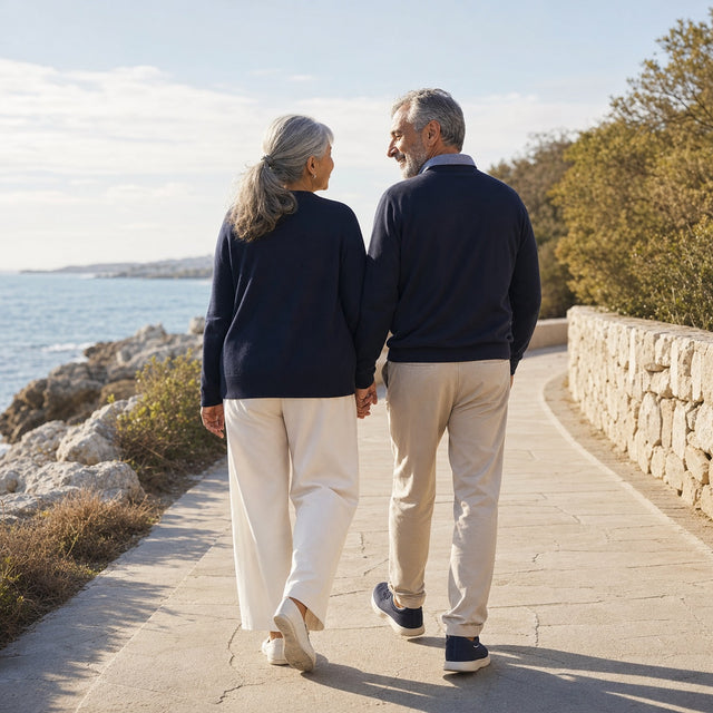 A mature couple walking together beside the coast