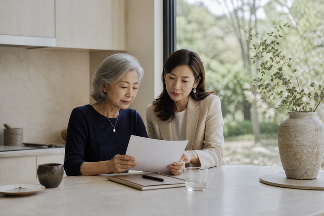 Two women talking together at a bright kitchen table