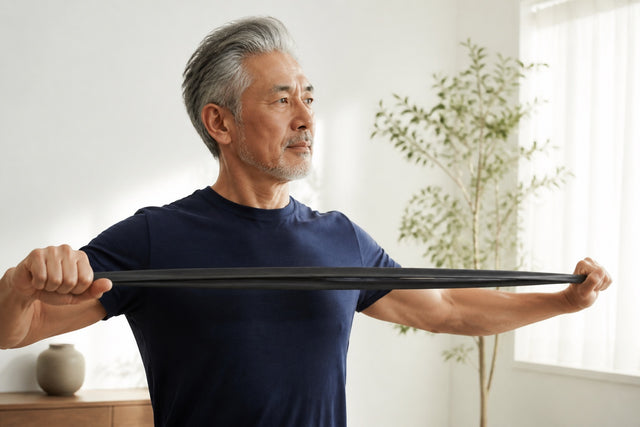 A mature man exercising with a resistance band at home