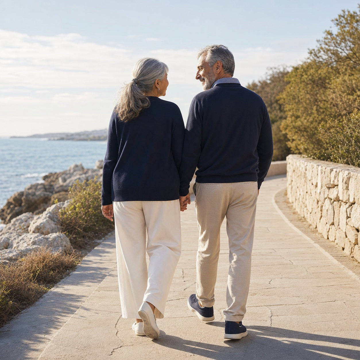A mature couple walking together beside the coast