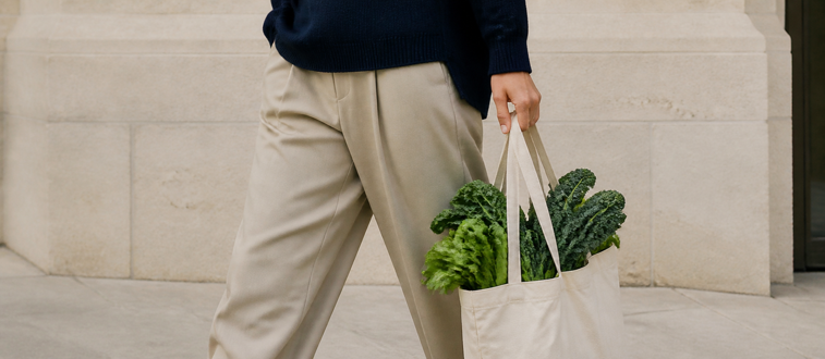 A mature couple carrying groceries together