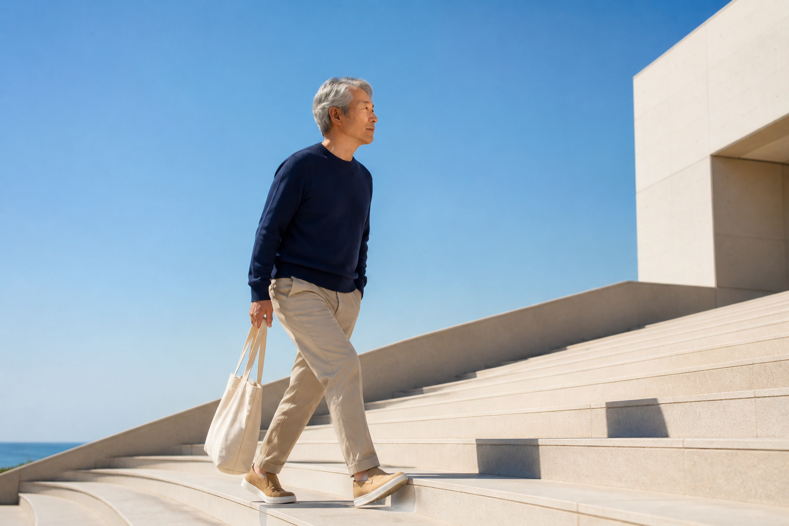 A mature man climbing a flight of outdoor steps