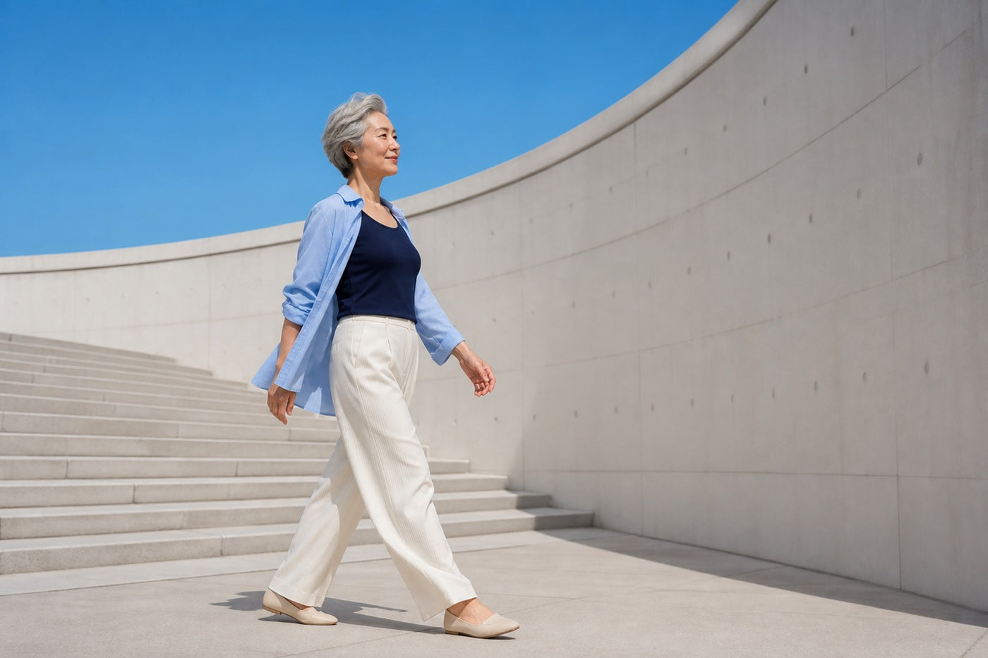 A woman walking confidently up outdoor steps