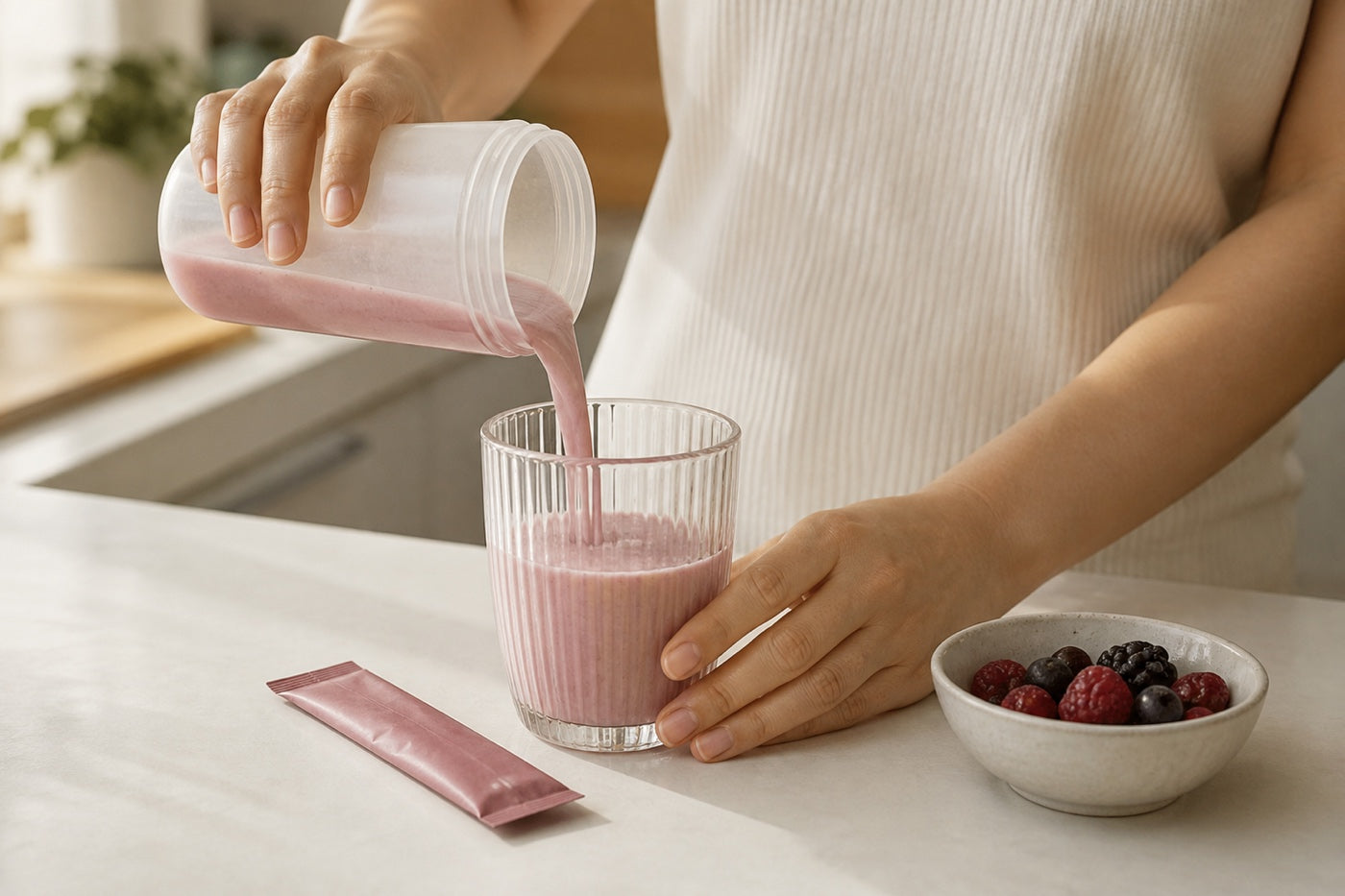 A clear berry drink being poured into a glass